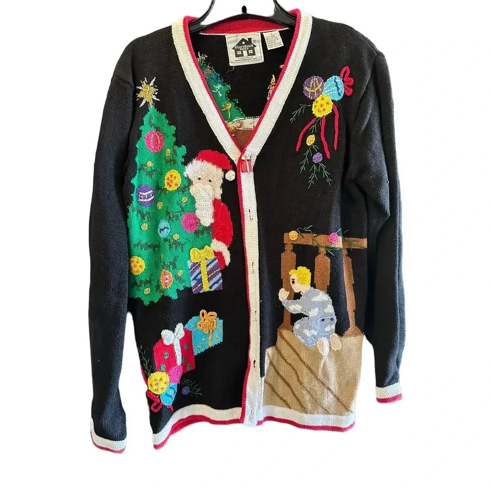 VTG 90s Storybook Knits Women's Black Christmas Santa Cardigan Sweater Size S